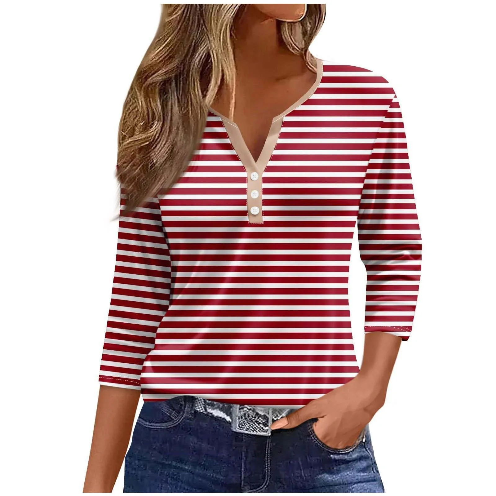 Summer Cross-Border New Striped Seven Quarter Sleeve Button Fashion Women's Top Wholesale On Amazon AliexpressWG23