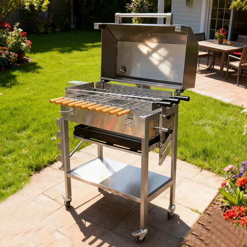 Adjustable Charcoal Tray BBQ Multi Souvla Skewers Original Authentic Hooded Foukou Cyprus Spit Grill with Variable Speed Motor
