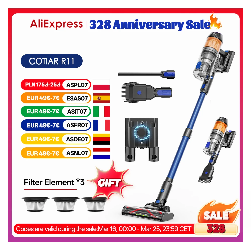 Aspiradoras inalámbricas COTIAR R11 para el hogar, aspiradora ligera de succión de 500W 50Kpa, pantalla LED de tiempo de ejecución de 60 minutos, 3 filtros HEPA