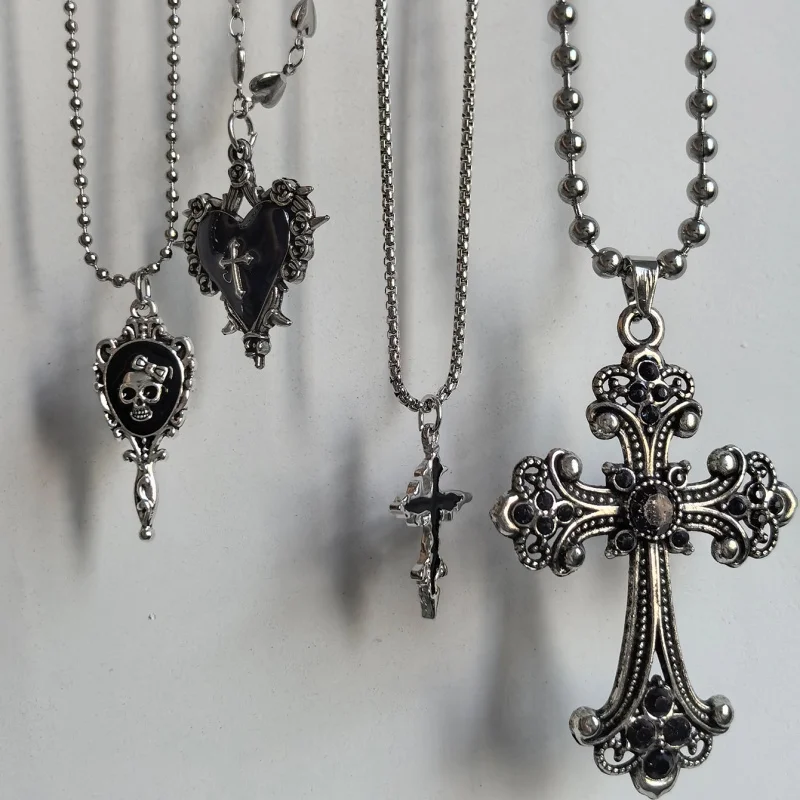 4Pcs Gothic necklace set, skull mirror thorn jewelry, black rhinestone cross pendant necklace, dark aesthetic jewelry