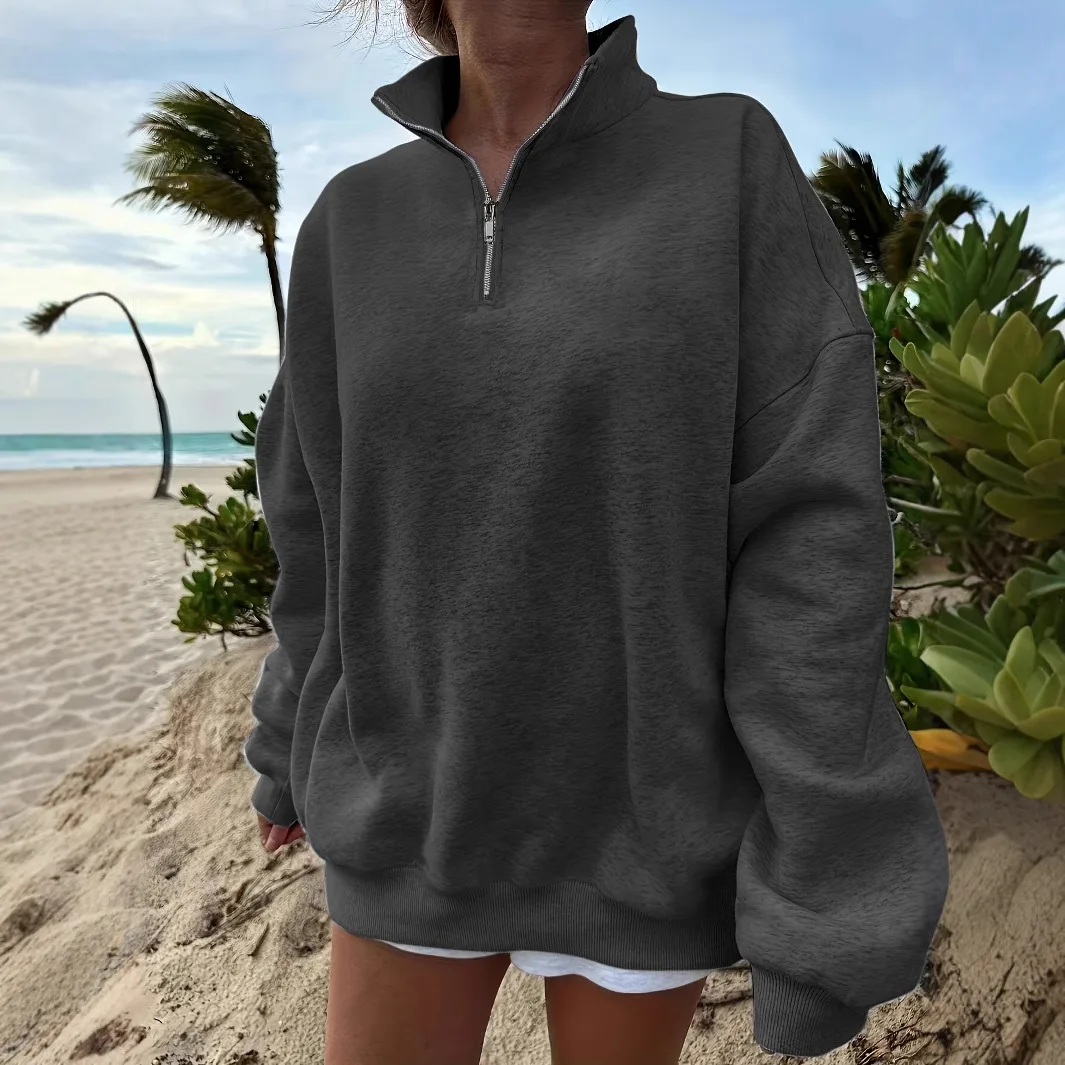 Otoño Mujer Jersey cuello alto cremallera Color sólido versátil Jersey al aire libre Camping estilo Ropa Invierno Mujer Moda 2025