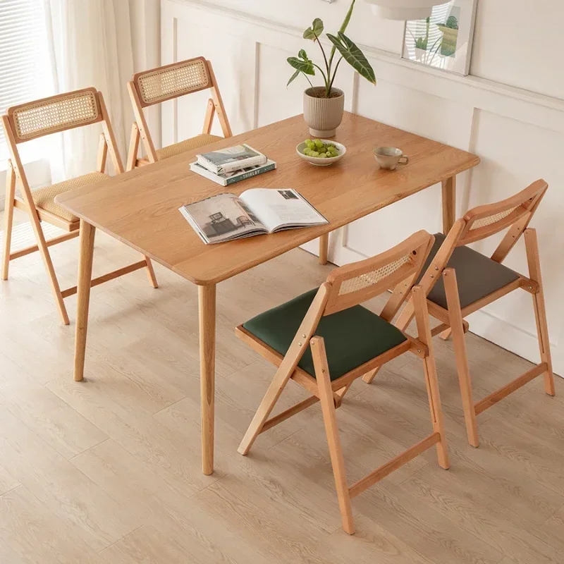 Vine Woven Folding Dining Chair Retro Wood Foldable Nordic Home Backrest Comfortable Not Tiring After Sitting for A Long Time