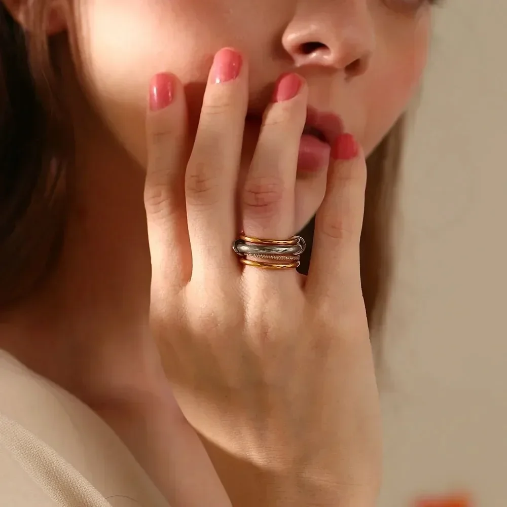 Stainless Steel Stackable Rings for Women Statement Mixed Metals Multi Ring Stack Cubic Zirconia Jewelry