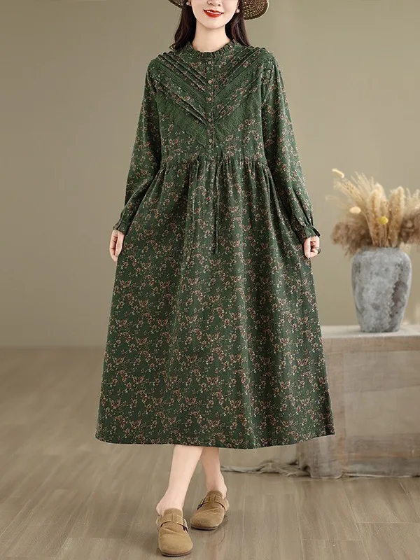 Retro Floral Print Loose Women's Dr Autumn New Sle Artistic Slimming Belted Versatile Cotton Long Sve round Ne Dr