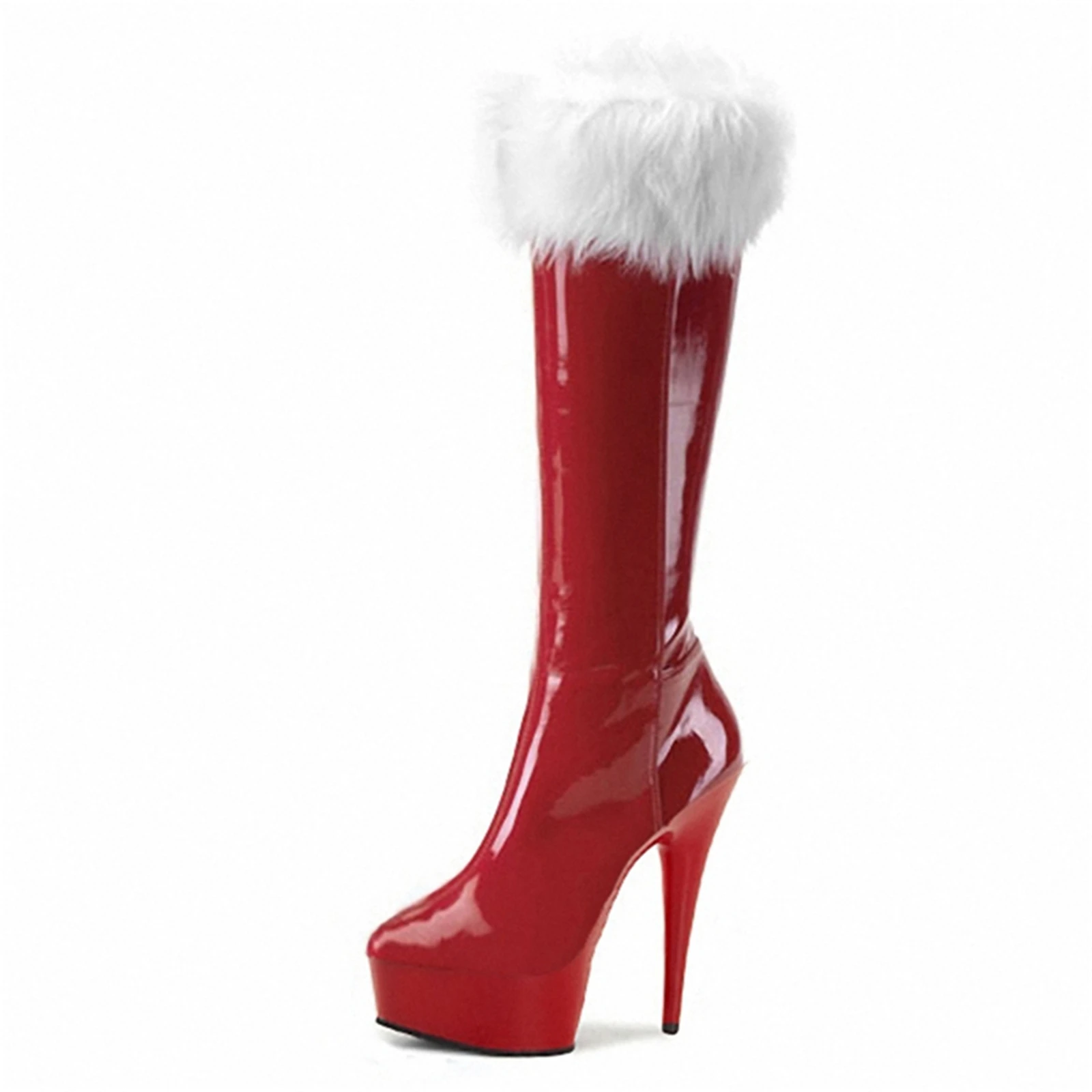 ​Glamorous Party Boots 15CM, Fluffy Cuff Platform Thigh Boots in Red & Black, Holiday Celebration Statement Wear​