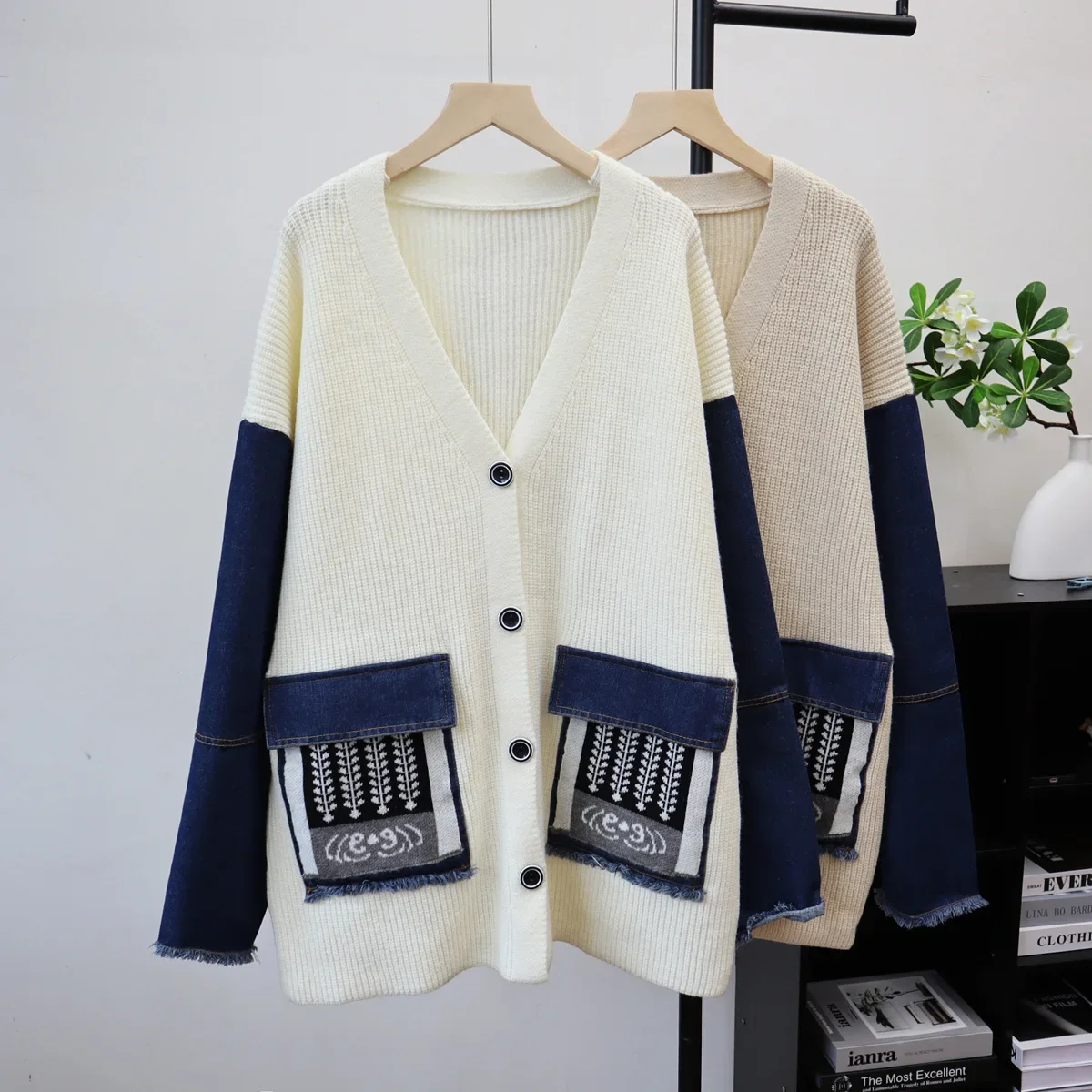 

Cardigan Women Sweaters Coats V Neck Jackets Denim Splice Jumpers Y2k Streetwear Elegant Casual Loose Open Stith Autumn Winter