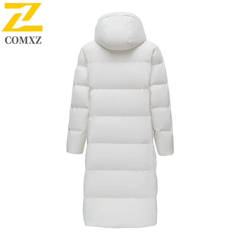 COMXZ 2025 Unisex Down Jacket Solid Color Hooded Hiking Travel Warm Long Coat High Quality White Duck Down Winter Filler Down