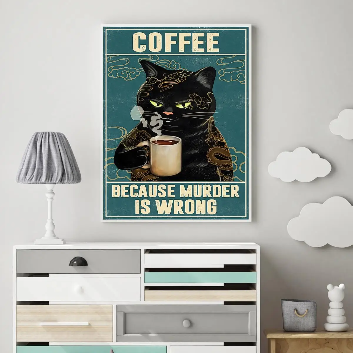 1pc frameless 1pc Canvas Painting Retro Cat Coffee Vintage Kitchen Signs Wall Decor Because Murder Is Wrong Funny Decor Art Post