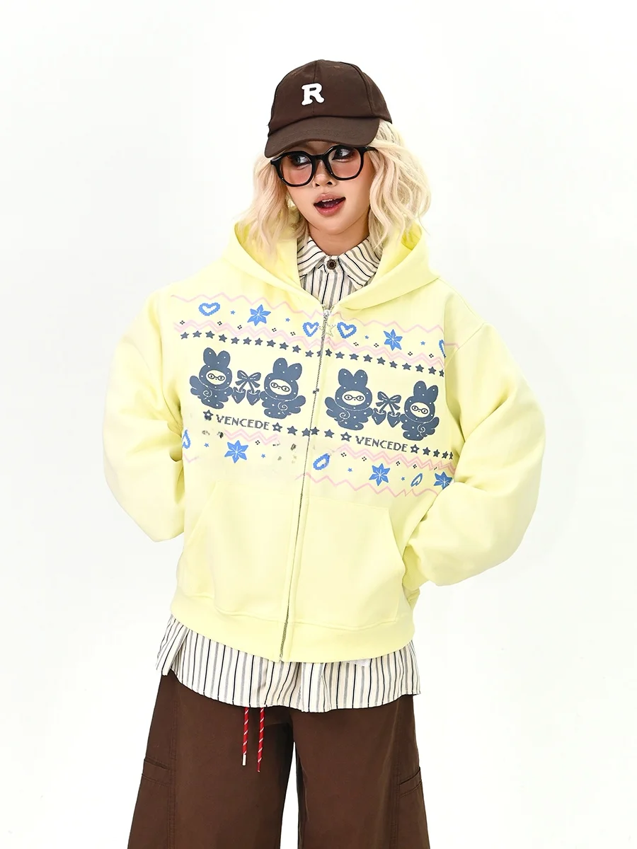 

Женская свободная толстовка-кардиган с мультяшным принтом в корейском винтажном стиле, весна 2026, новинка, уличная мода, длинный рукав, на молнии