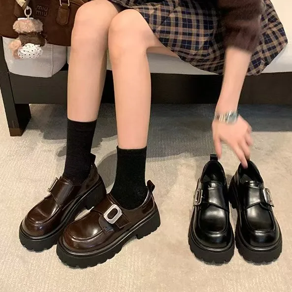 

Women's Retro Black Loafers Spring New Style Thick Bottom Heightening British Style Small Size Single Shoes Fish Mouth Shape