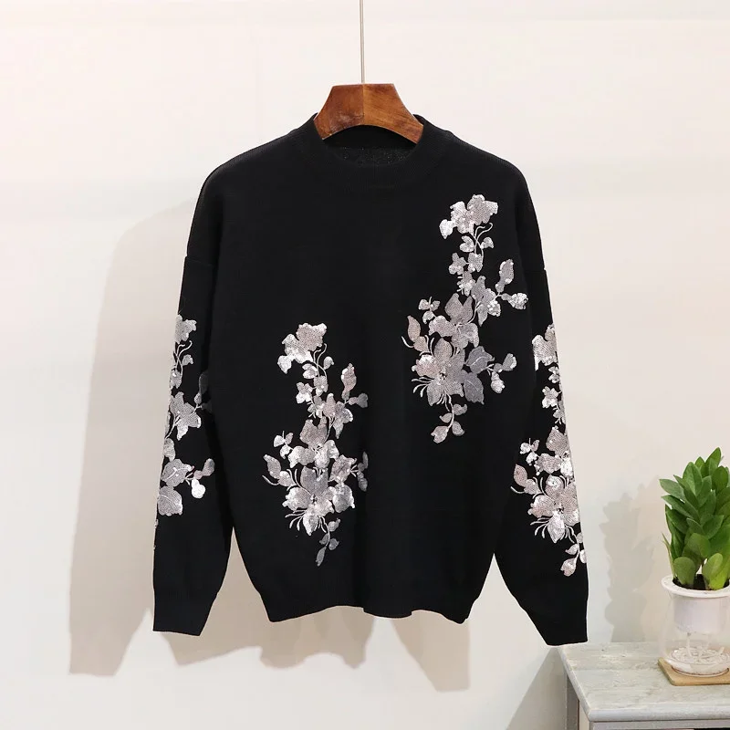 Spring Autumn Flower Embroidery Knit Sweaters Black Set Female Casual Tracksuits 2pcs Pullover Tops Harem Pants Two Pieces Set