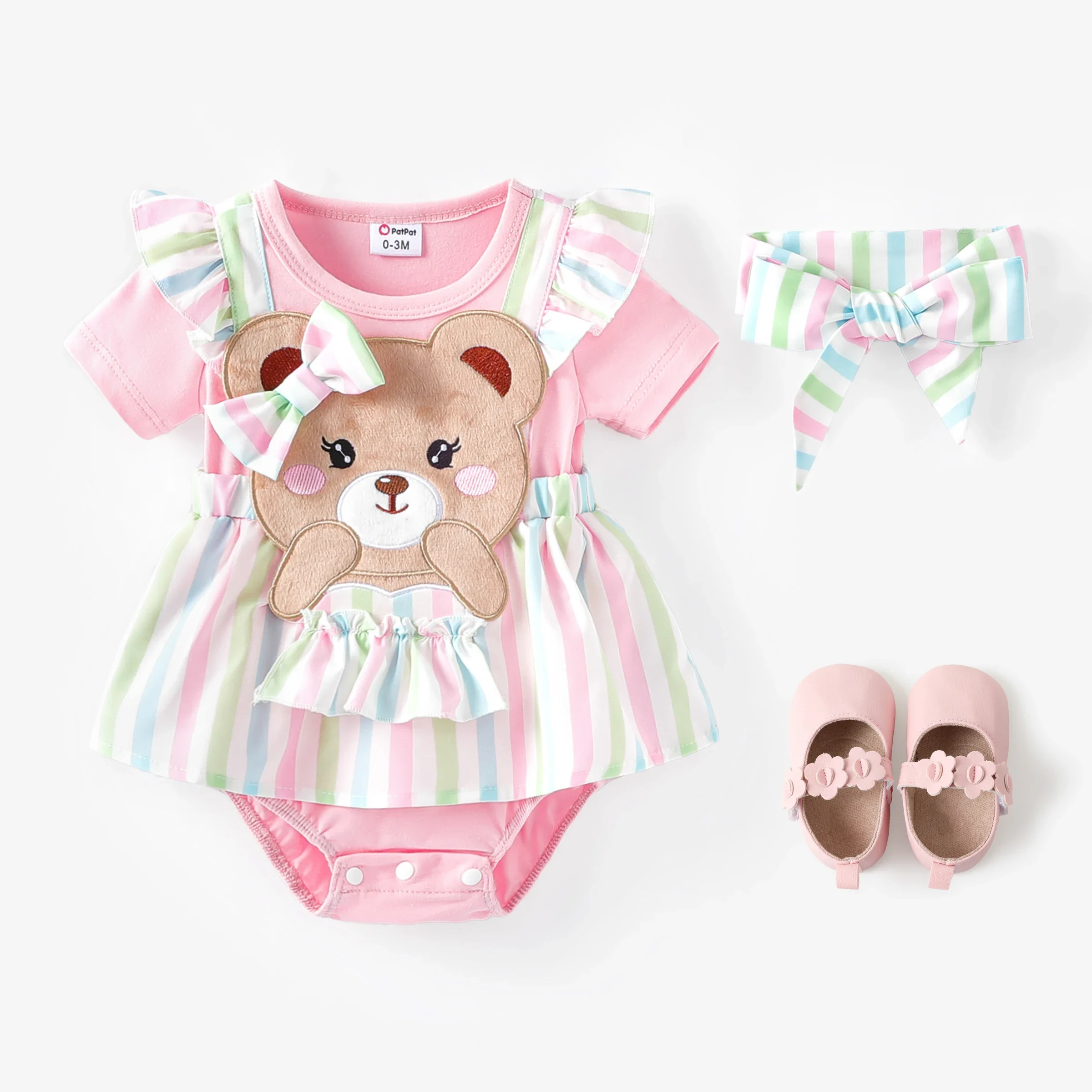 PatPat Baby Girl 2pcs 3D Bear Striped Print Romper and Headband Set Suitable for Summer Season Soft and Comfortable