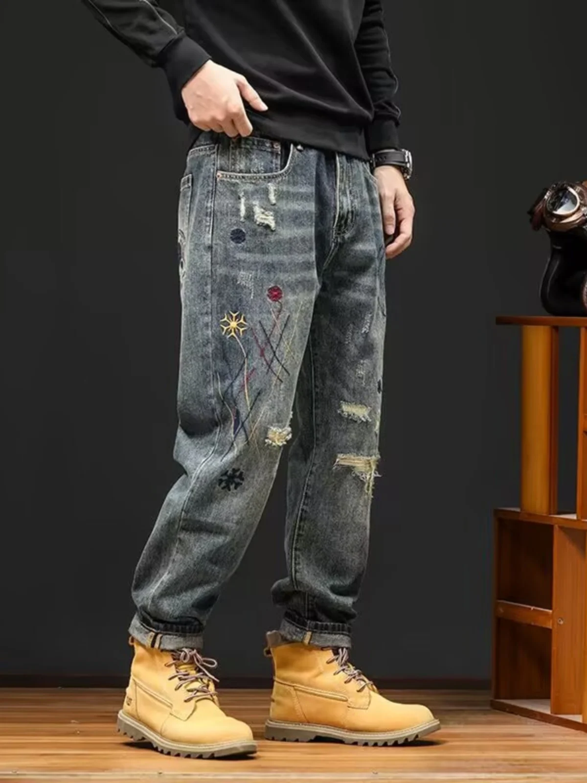 Calças Jeans Masculinas Estilo Retrô com Patchwork e Furos, Novas Calças Casuais Americanas de Alta Moda, Calças Longas da Pr...