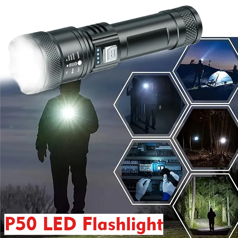 

Высокомощные светодиодные фонарики 2000LM, тактический фонарь с подсветкой дисплея, зарядка через USB, кемпинг, рыбалка, аварийный зум-фонарь