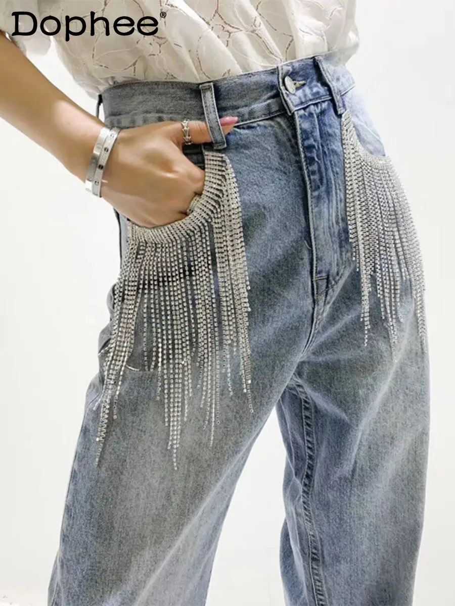 

High-End Tassel Rhinestone Chain Bling Shiny Jeans Women Spring Autumn Irregular Full Diamond Straight Denim Trousers Streetwear