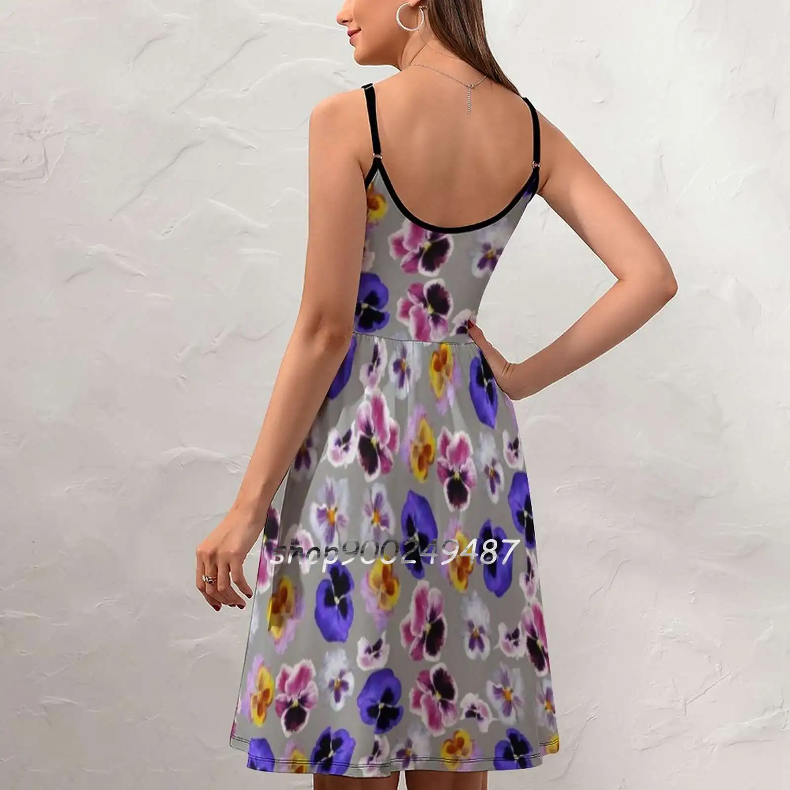 Pansy Sweet Summer Casual Sling Dresses Korean Women Sexy Sundress Pansy Floral Flora Flower Garden Purple Violet White Pink