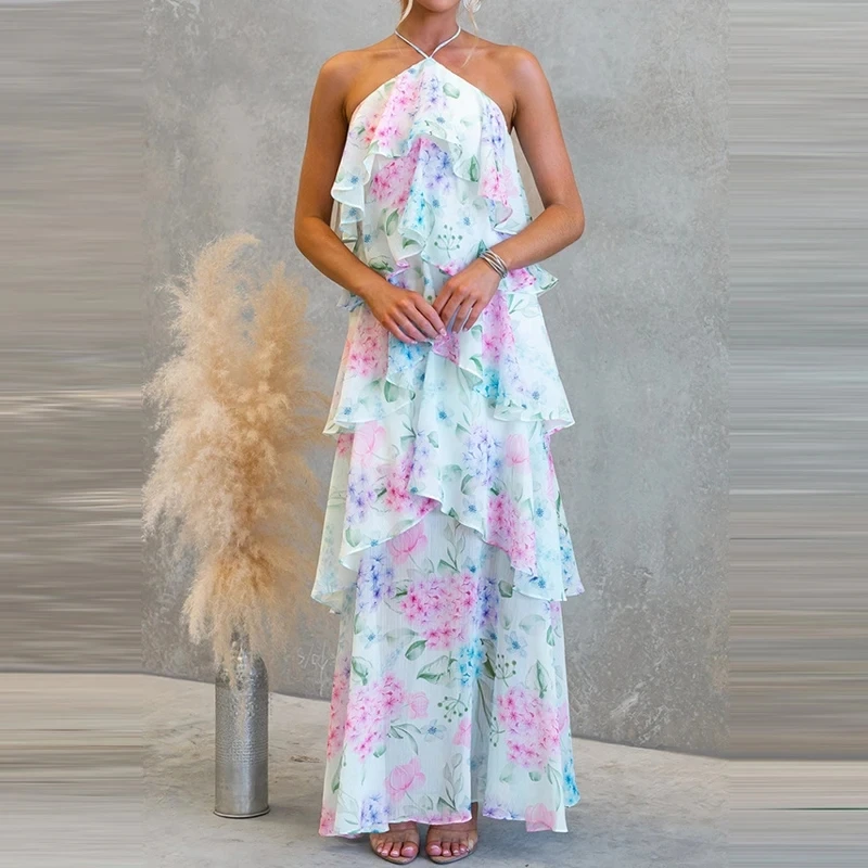 

Sexy Floral Printed Halter Cake Dress Elegant Sleeveless Ruffle Vacation Dress Temperament High Waist Women's Chiffon Maxi Dress
