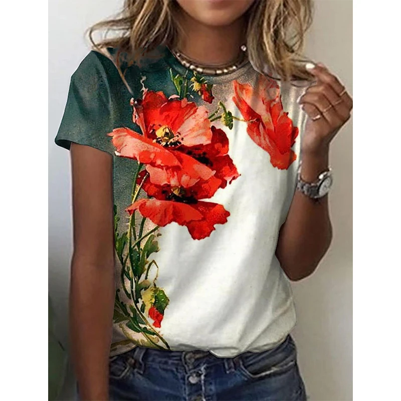 

Summer Flower Floral 3D Print T-shirts Women Streetwear Casual O-Neck T Shirt Harajuku Oversized Y2K Top Tees Woman Clothing