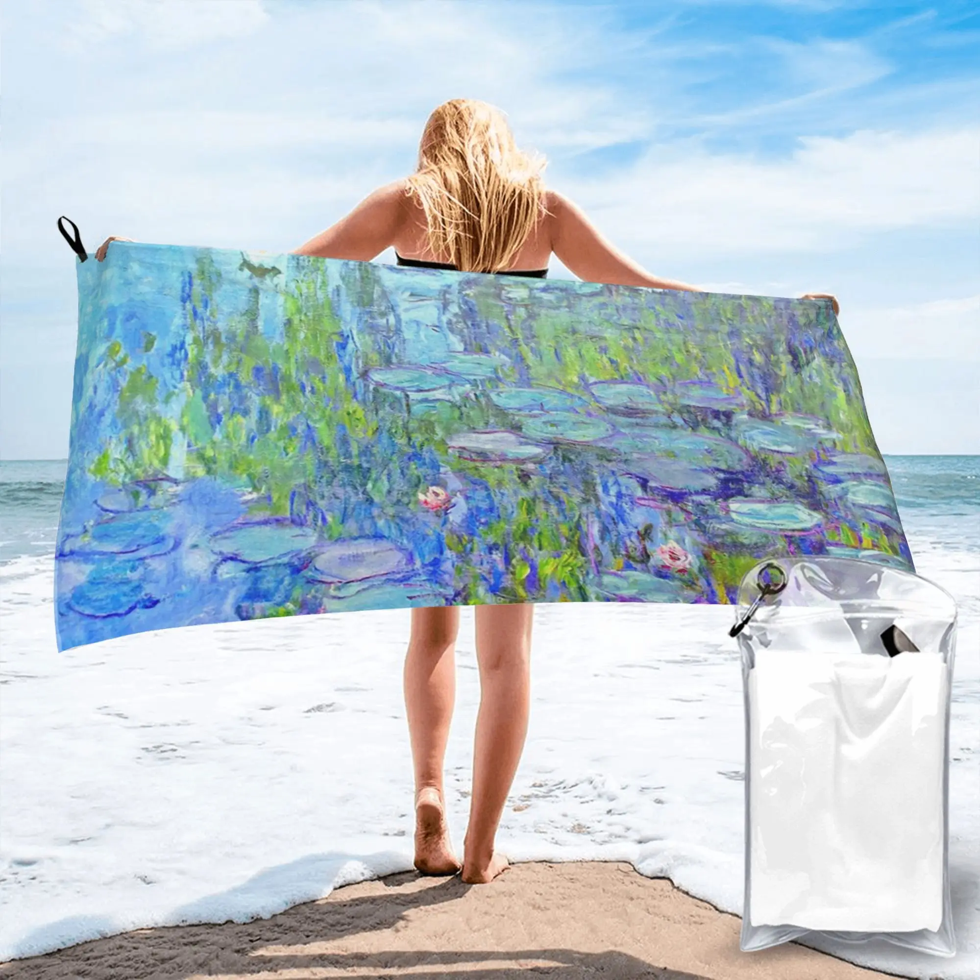Female Long Water Lilies Claude Monet Beach Towel Soft Microfiber Quick Dry Absorbent Quick Towels For Mountain Climbing