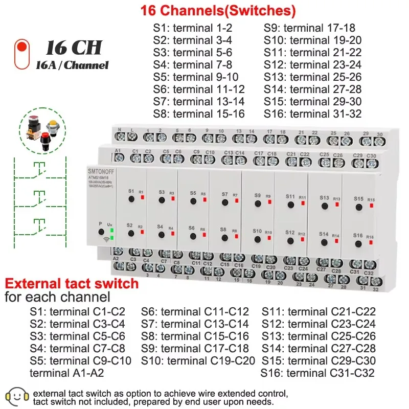 Tuya Wi-Fi 16 Isolated Channels 16 Gang Smart Switch & Timer with External Switch Remote and Voice Control