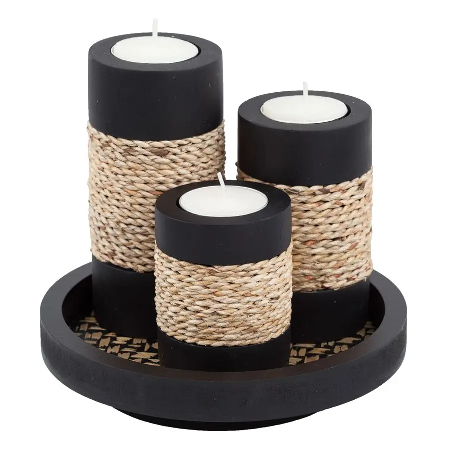 

Tealight Candle Holders with Tray Set of 3 Rustic Black Wooden Candle Holders with Natural Rope Accent, Cozy Home Decor Centerpi