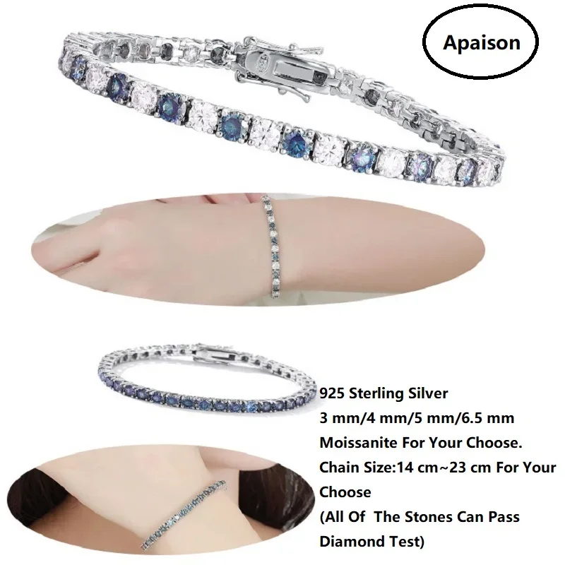 

Apaison 3mm/4 mm/5 mm/6.5 mm Colorful Blue Moissanite Tennis Bracelets For Women Man Original 925 Silver Hand Chain Fine Jewelry