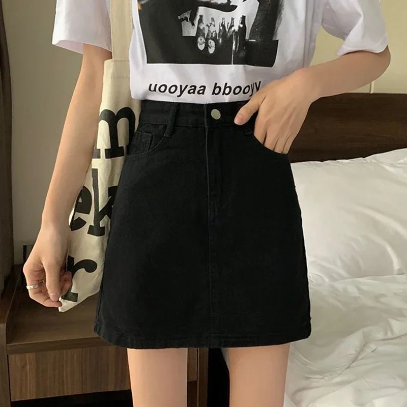 Frauen Neue Hohe Taille Kawaii Röcke Jeans Mädchen Vintage Wrap Hüften Denim Kleid Weibliche Harajuku Claret Rose Rot Schwarz EINE Linie Röcke
