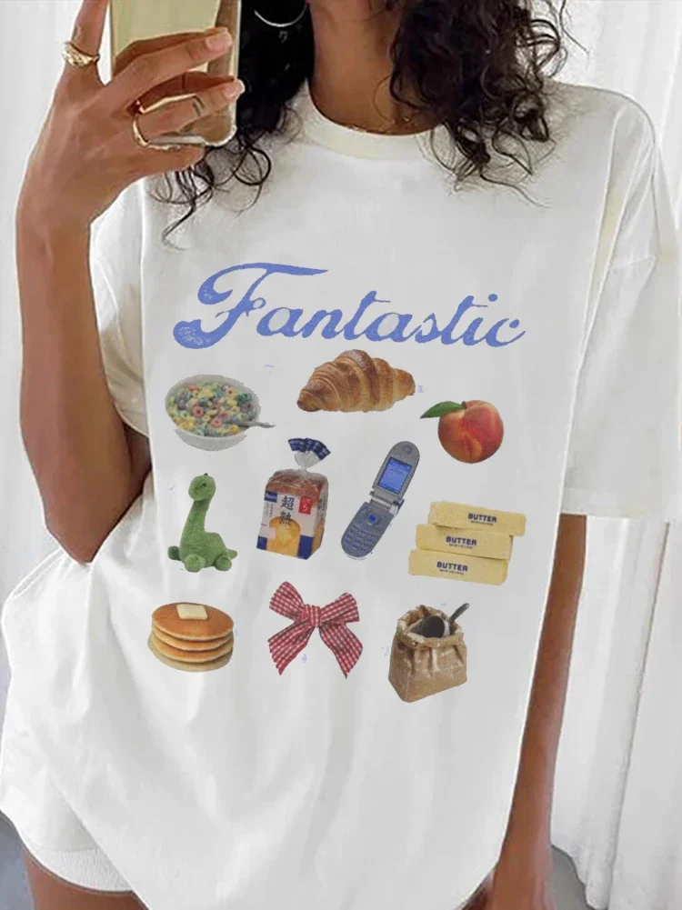 Fashion O-Neck Women's Trendy and Cute 90s Clothing Printed Short Sleeved T-Shirts Casual and Fun Food Pattern Women's T-Shirts