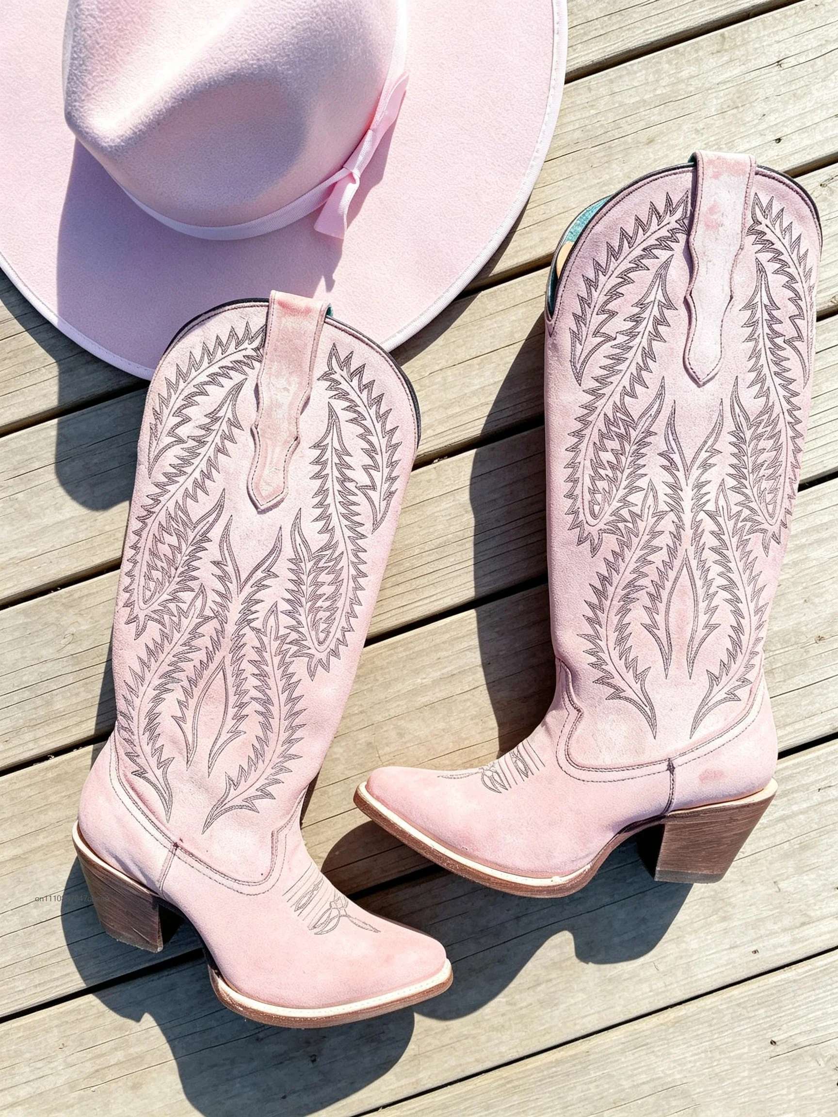 Women Fashion Pink Western Cowboy Boots Cool British Embroidered Design Soft Boot Vintage Distressed Tall Country Festival Shoes