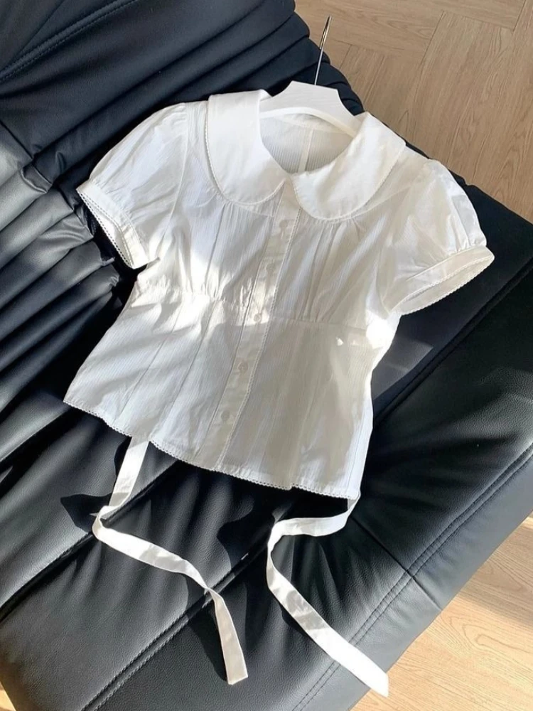 

Deeptown Kawaii Preppy Style Blouses Women Sweet Peter Pan Collar White Shirts Japanese Style Cute Lolita Vintage Tops Slim Up