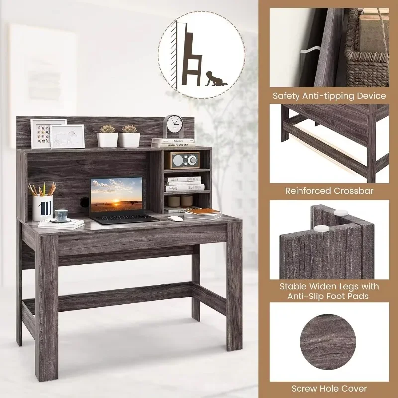 

--Computer Desk With Hutch, Home Office With Bookshelf,Study Desk With Anti-Toppling Device & Cable Hole, PC Laptop Desk