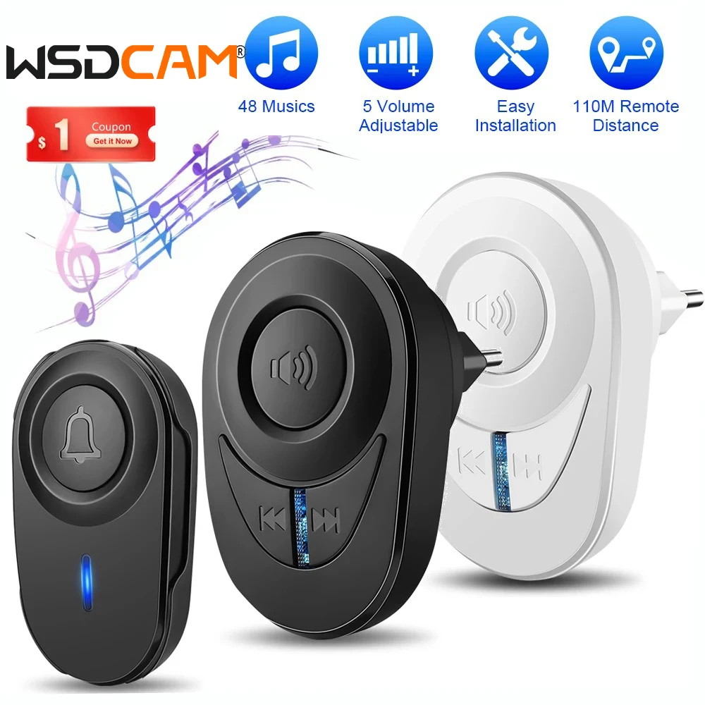 WSDCAM Wireless Doorbell Waterproof 150M Remote Door Bell Security Alarm 48 Songs Welcome House Melodies Door Bell Chime