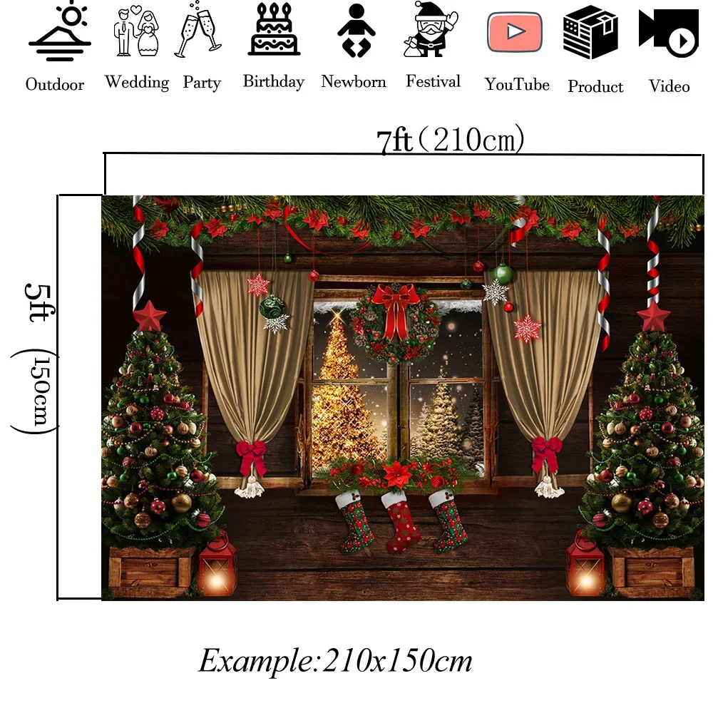 Mocsicka Christmas Decoration Photography Backdrop Xmas Tree Stocking Wooden Wall Curtain Window Background Family Baby Photo image 3