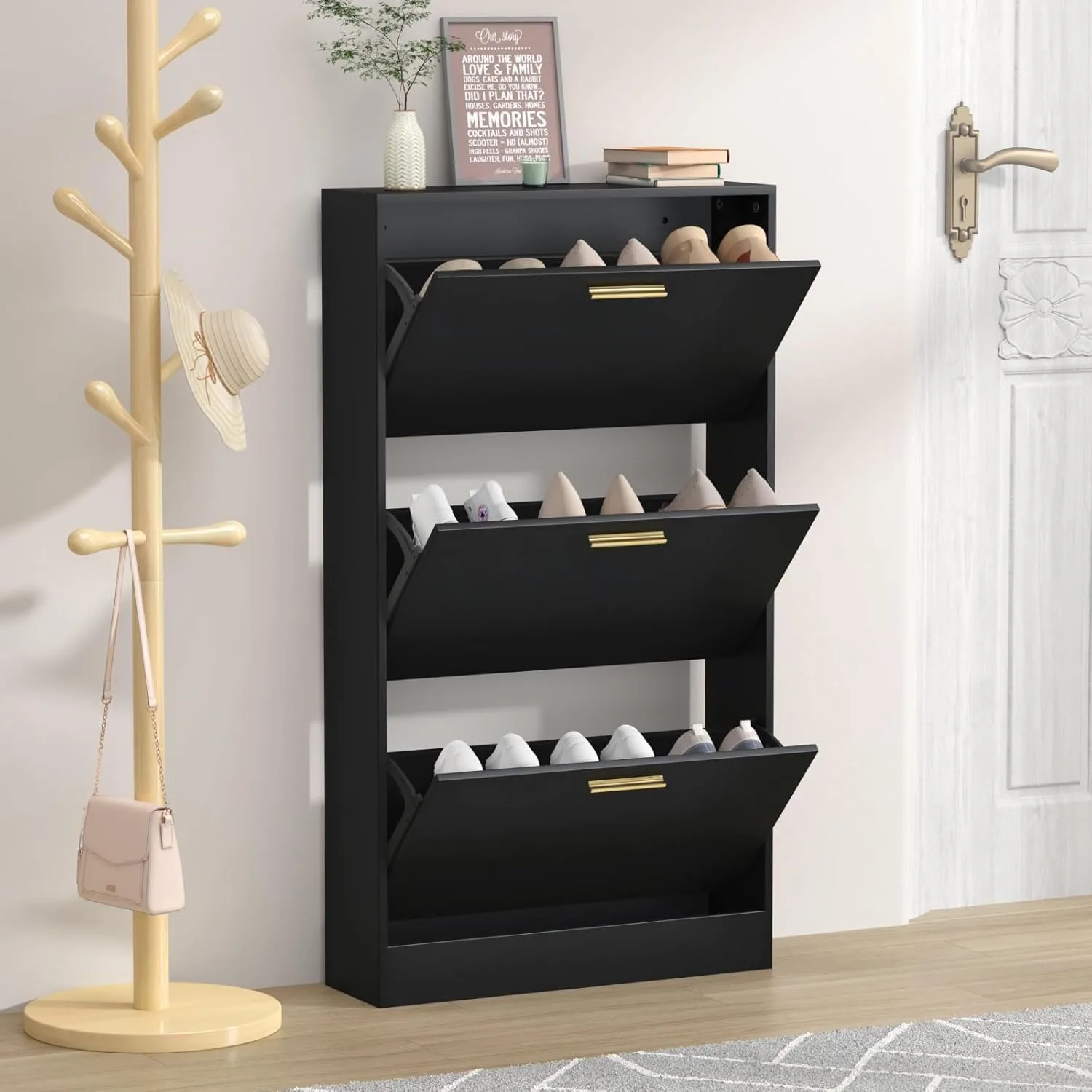 Shoe Cabinet for Entryway, Shoe Storage Cabinet with 3 Flip Drawers, Hidden Narrow Rack Cabinet, Freestanding Shoe Cabinet