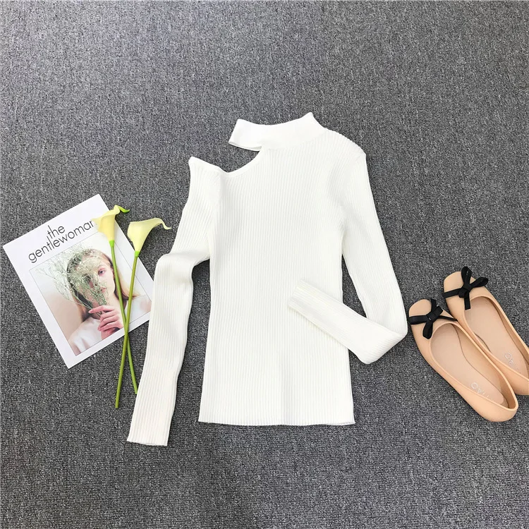 571 Otoño Invierno nueva moda medio cuello alto fuera del hombro Slim Fit Top de punto ropa interior