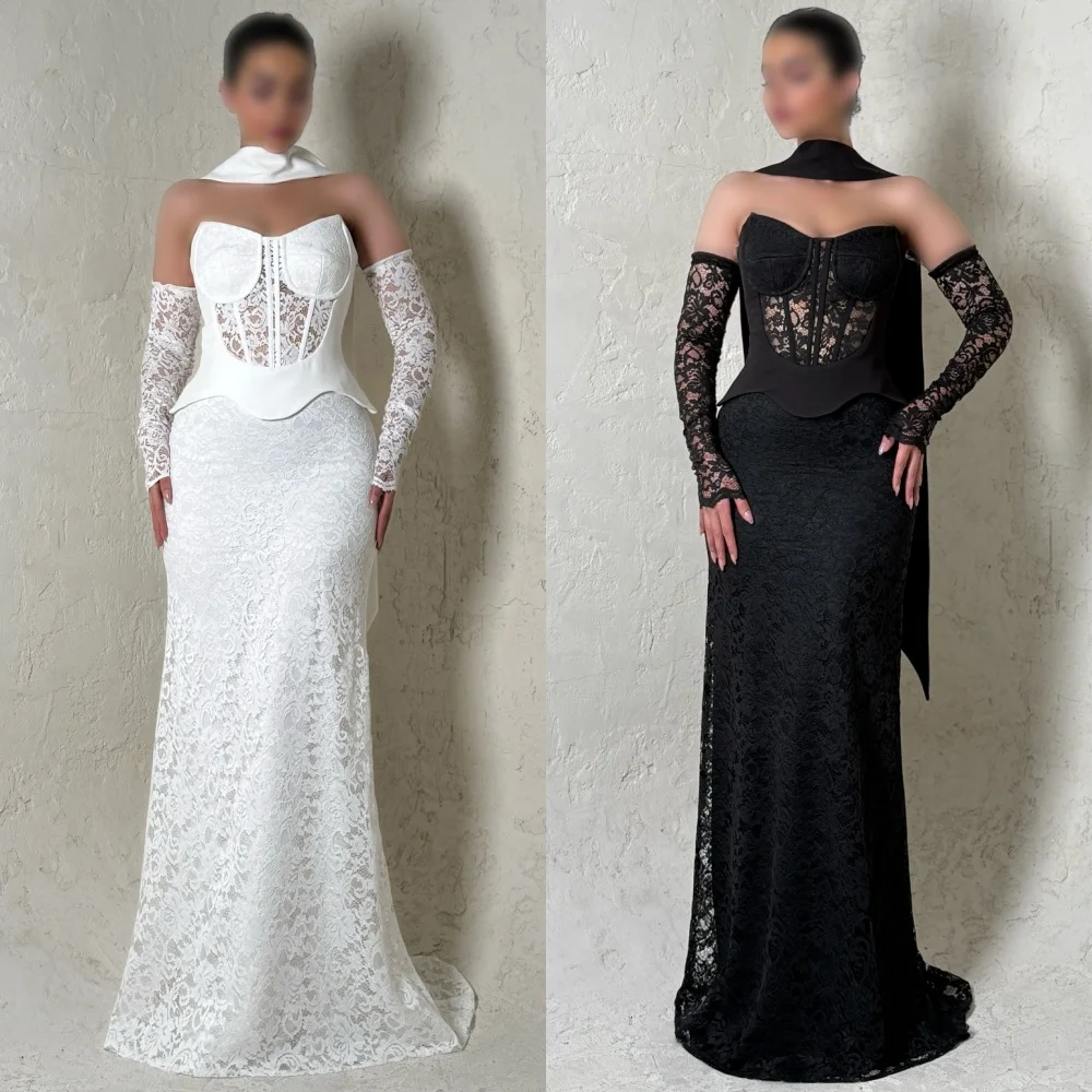 

Customized Fashion Classic Lace Pleat Ruched Straight Strapless Long Dresses Bespoke Occasion Dresses Sizes Available Simple