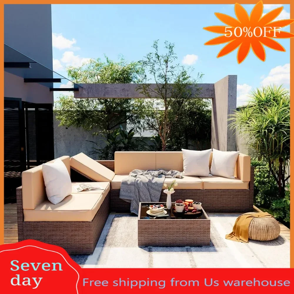 

Garden Furniture Sets Wicker Patio Sectional Sofa Rattan Conversation Set With Coffee Table and Washable Cushions Covers Outdoor