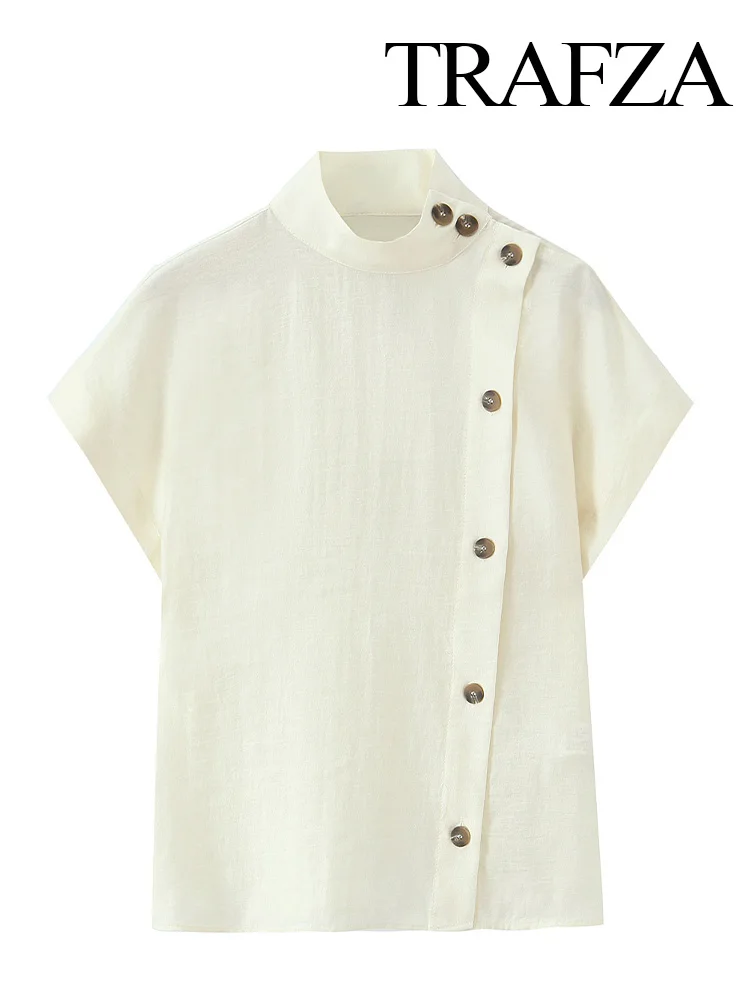 

HH Women's Fashion Breasted Decoration Short Sleeve Top Female Loose High Street Half-high Collar Summer Solid Top Mujer