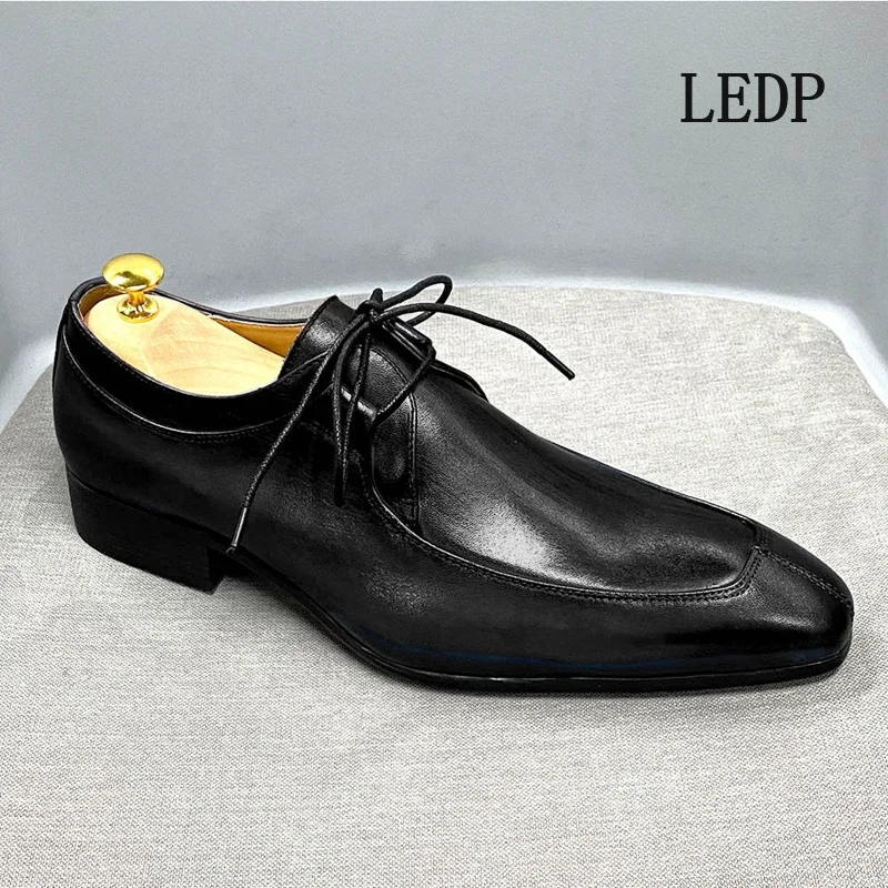 LEDP Brand Men's Cowhide Leather Business Dress Shoes 2024 New Explosive Casual Derby Color Low-top Lace-up Single Shoes