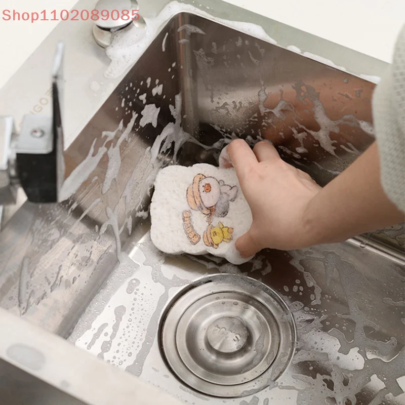 

4 упаковки, тряпки из древесной массы с милым животным узором, антипригарные, безмасляные губки для чистки кухни и ванной комнаты с подвесным кольцом
