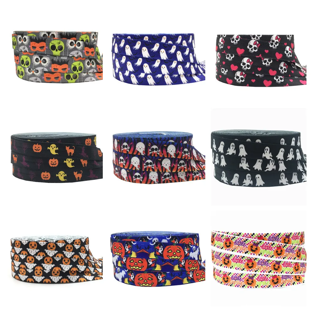 

10Yard 16mm Pumpkin Ghost Head Printed Halloween Party Fold Over Elastic Bands DIY Crafts Strap Bracelet Accessories Decoration