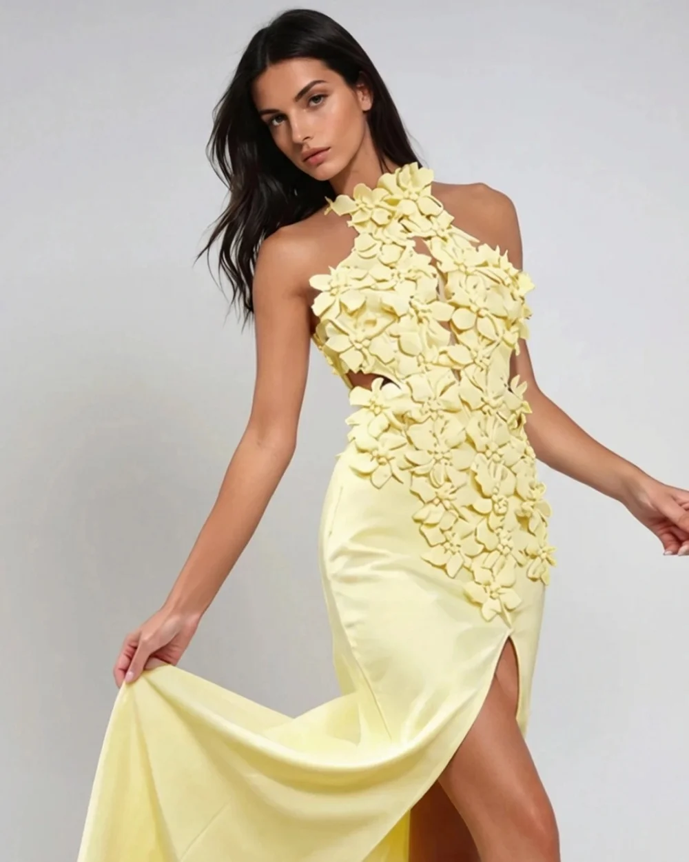 

Customized Formal Women Jersey Handmade Flower Beading Mermaid Evening Dresses Sexy Halter Sleeveless Floor Lenght Prom Dresses