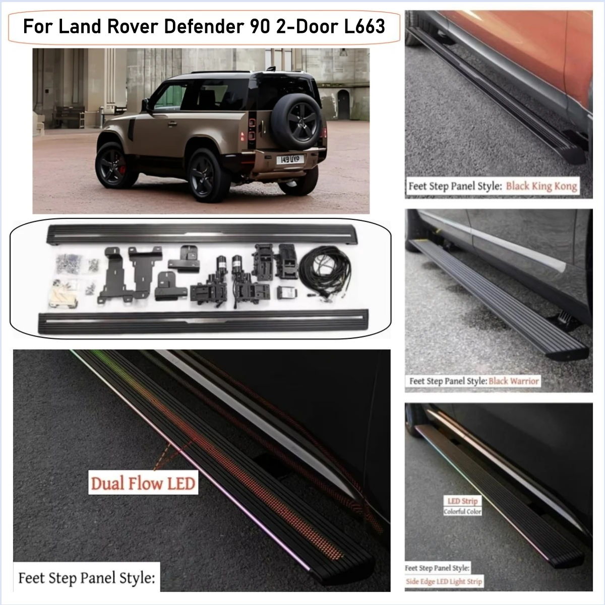 For Land Rover Defender 90 2-Door L663 2019-2026 Electric Running LED Running Board Automatic Side Step Retractable Foot Pedal