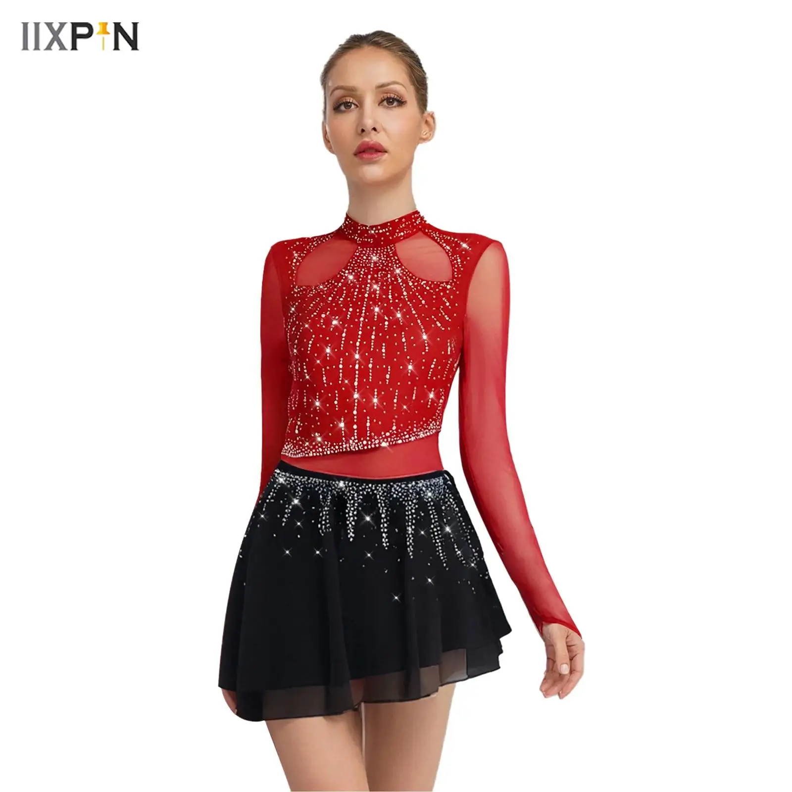 女性の叙情的なダンスドレス長袖シフォンスカートレオタードドレスフィギュアスケート体操バレエダンスパフォーマンス衣装