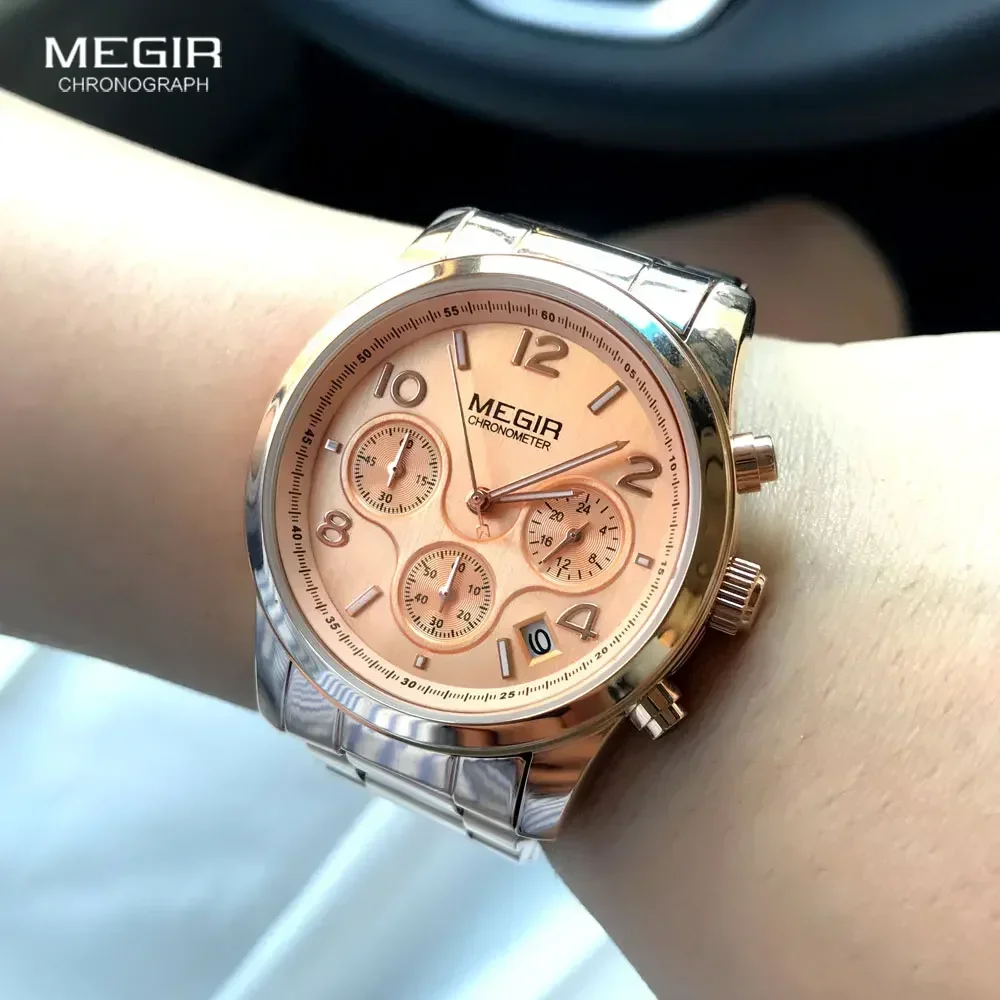 Reloj Megir para mujer, cronógrafo, relojes de cuarzo, reloj de pulsera de oro rosa de lujo de marca superior para mujer, reloj femenino часы жletiе 2057