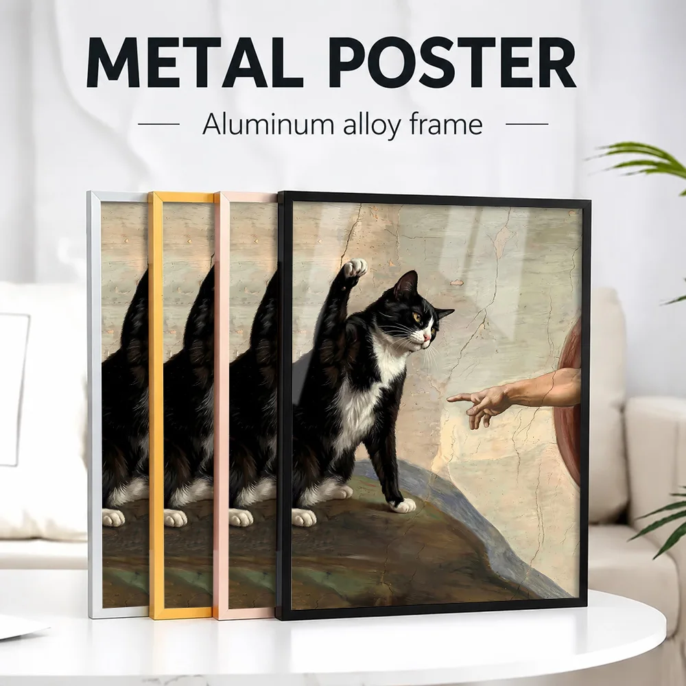 Tuxedo Cat Featuring God Hand Framed Aluminum Metal Poster Customized Photo Charming Minimalist Style Wall Art For Home Office