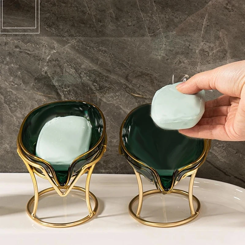 Leaf Shaped Ceramic Soap Dish Premium Ceramic Soap Bar Holder with Self-Drainage System for Shower, Bathroom, Kitchen