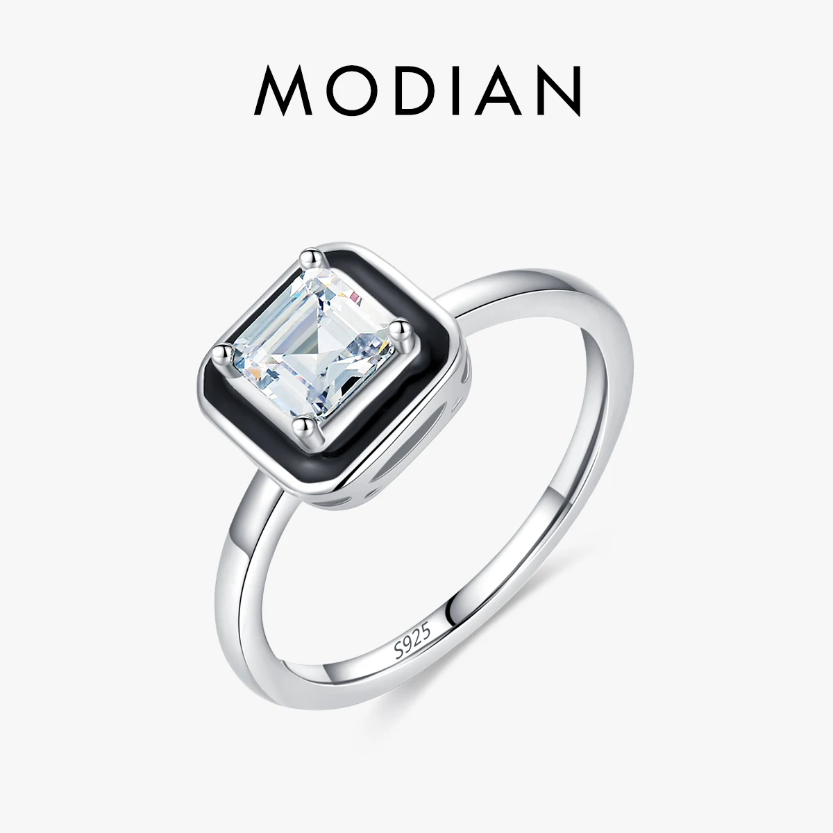 MODIAN 925 Sterling Silver Fashion Black Enamel Finger Ring Clear Square CZ Ring For Women Engagement Wedding Fine Jewelry