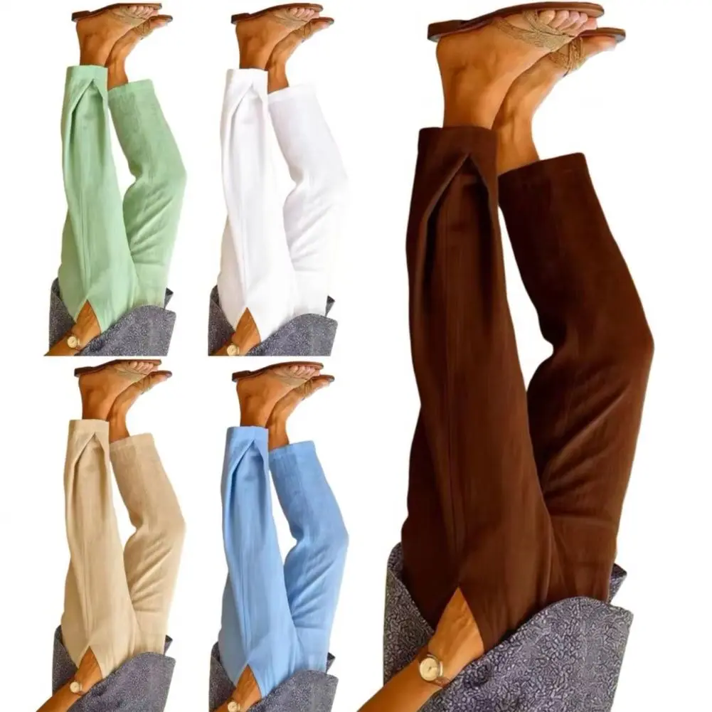 

Women Pants Mid-rise Elastic Waist Solid Color Casual Trousers Cargo Capris High Waisted Work Button Cropped Pants Women Trouser