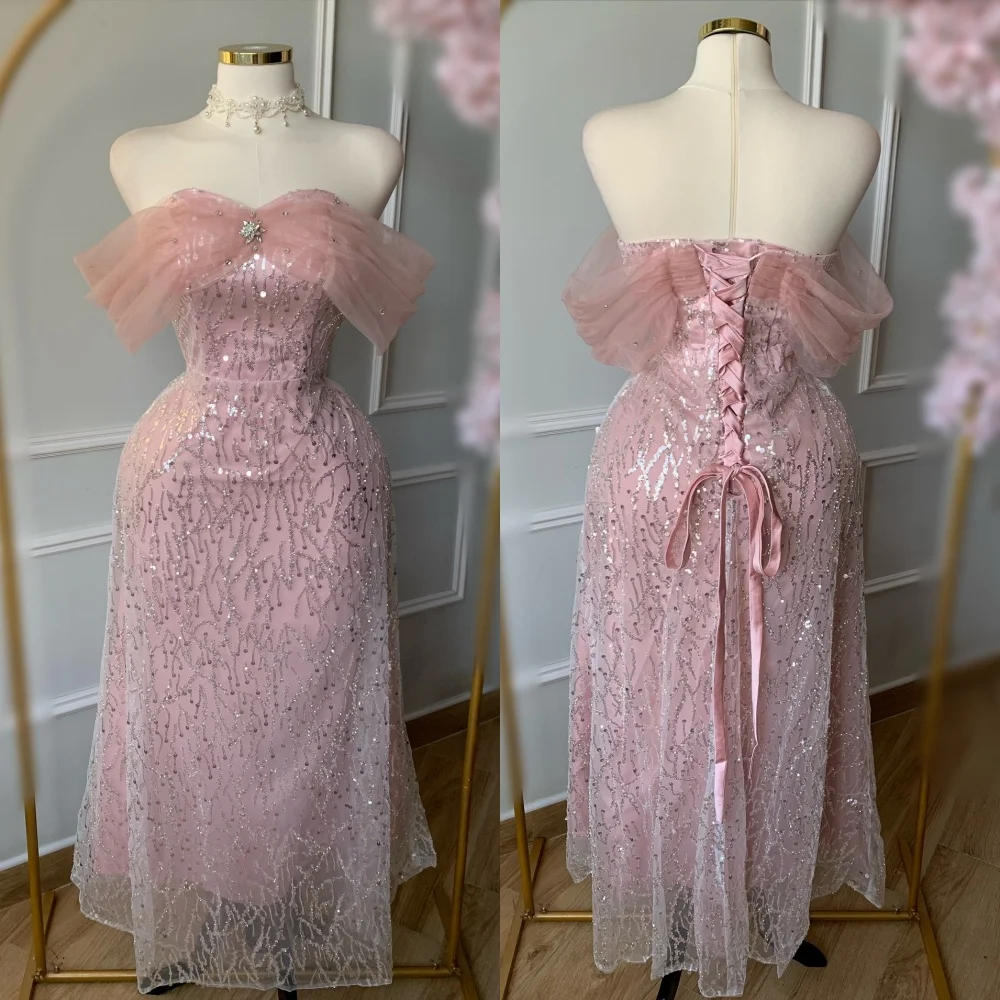 

Customized Luxury Evening Dress Sparkle Off-the-shoulder Trumpet Pink Long Dresses Bespoke Occasion Elegant Party Wedding